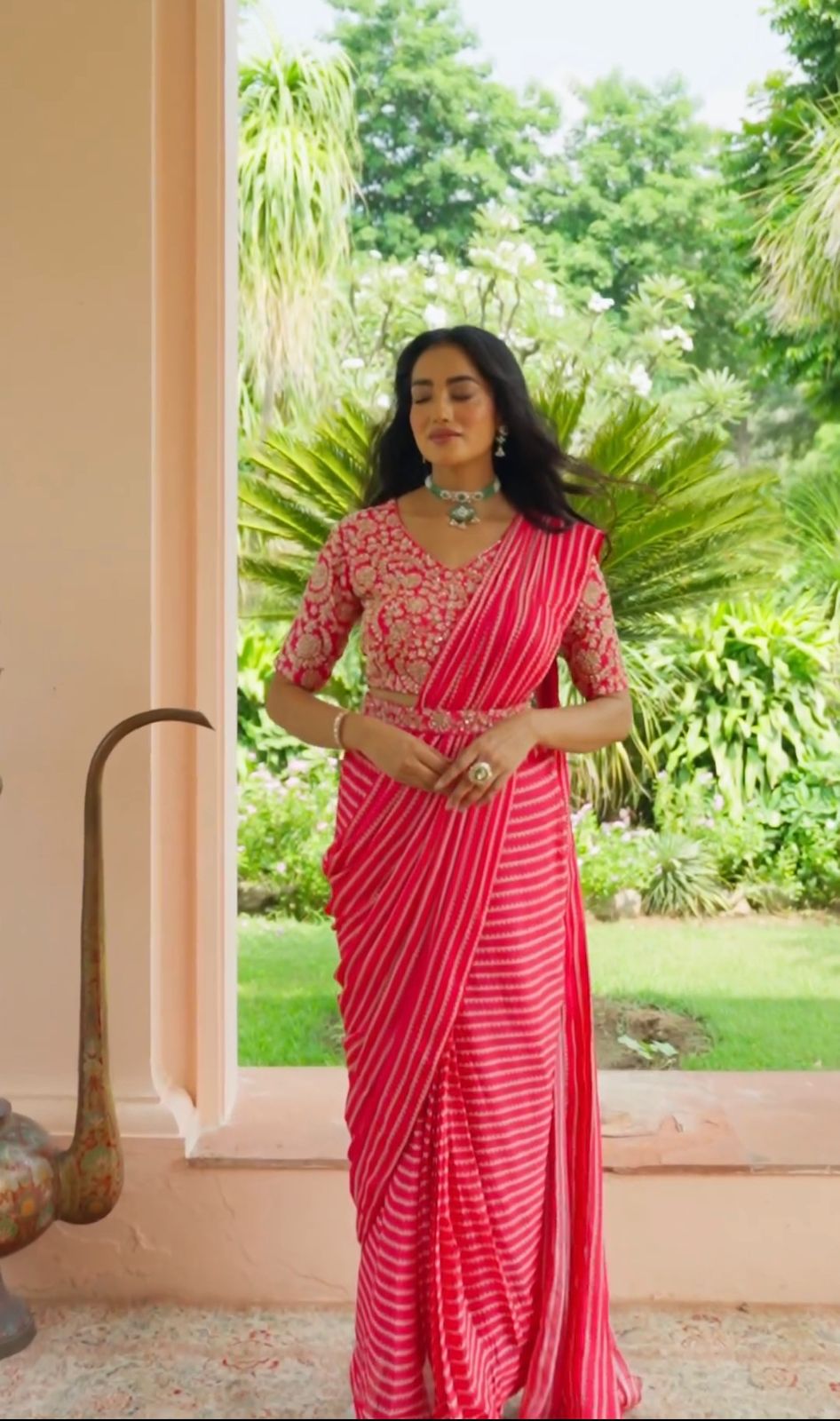 PEACH NEW DESIGNER PARTY WEAR READY TO WEAR SAREE WITH STICH BLOUSE WITH EMBROIDERY WORK