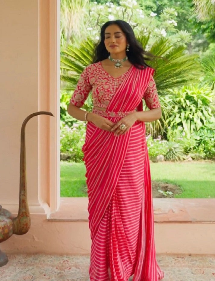 PEACH NEW DESIGNER PARTY WEAR READY TO WEAR SAREE WITH STICH BLOUSE WITH EMBROIDERY WORK