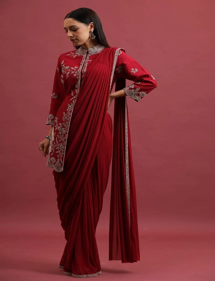 New Super Trending Embroidery cording work ready to wear saree with full koti