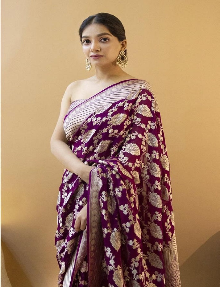 Beautiful wine color soft lichi silk saree for women, jacquard saree with zari weaving work, banarasi saree for funciton, wedding saree