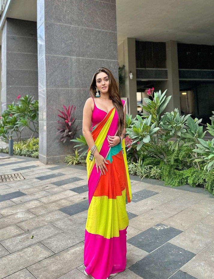Designer Bollywood Rainbow Heavy Georgette Sarees with Silk blouse piece