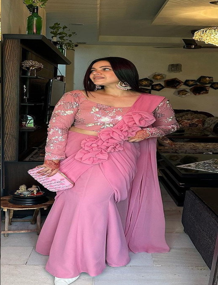 BABY PINK NEW DESIGNER PARTY WEAR LAHENGA SAREE WITH STICH BLOUSE WITH EMBROIDERY WORK WITH FANCY FLOWER