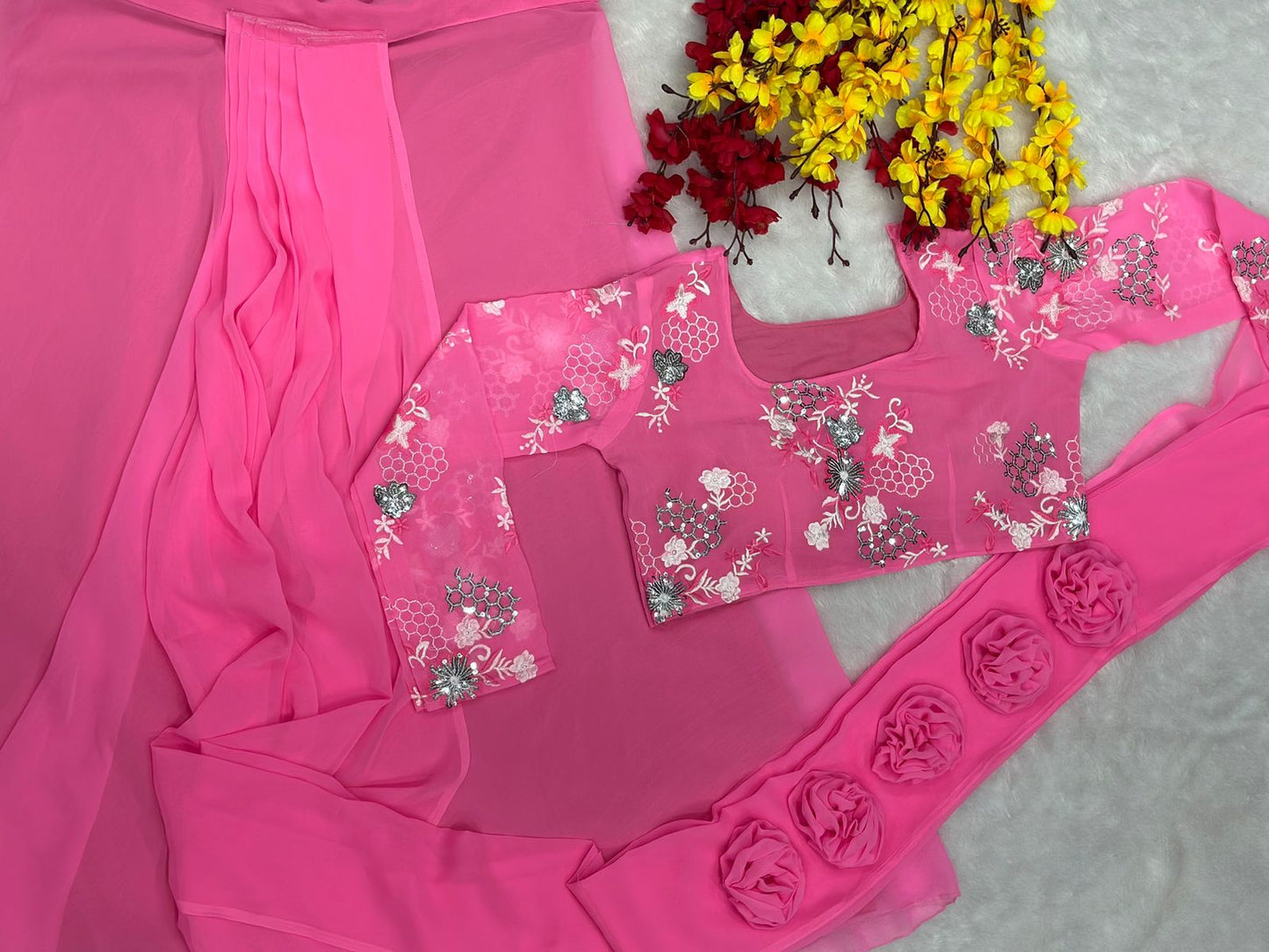 BABY PINK NEW DESIGNER PARTY WEAR LAHENGA SAREE WITH STICH BLOUSE WITH EMBROIDERY WORK WITH FANCY FLOWER