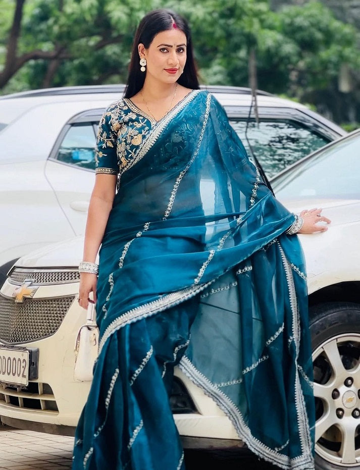 Chiffon Fabric Saree with Multi Thread sequence work and Embroidered Blouse Designer Party Wear Saree