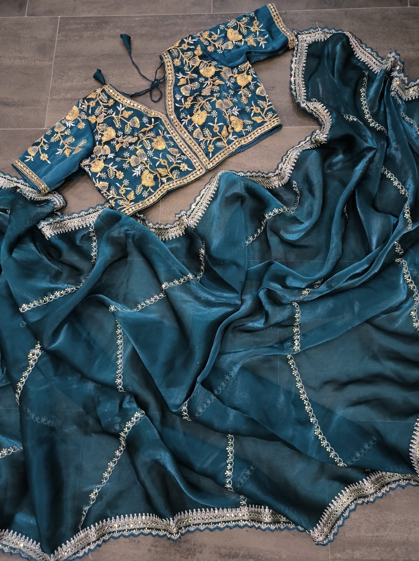Chiffon Fabric Saree with Multi Thread sequence work and Embroidered Blouse Designer Party Wear Saree