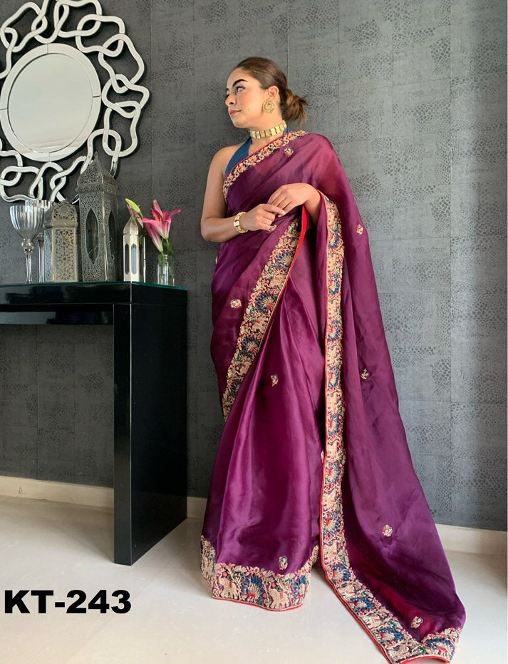 Wine Party Wear Designer Kasturi Silk Saree with heavy banglory silk blouse