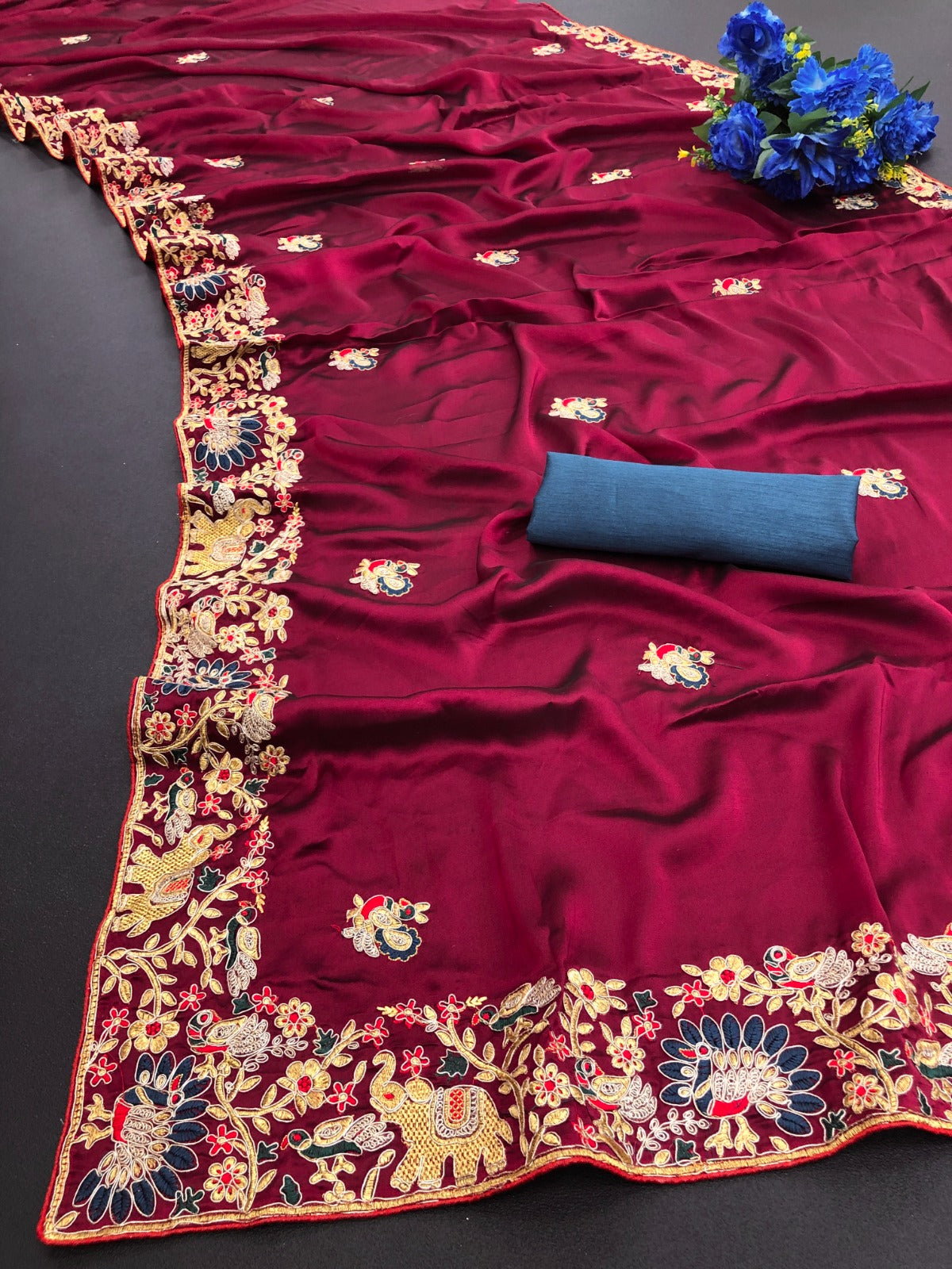 Wine Party Wear Designer Kasturi Silk Saree with heavy banglory silk blouse