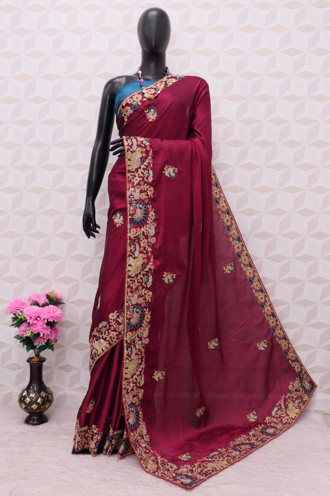 Wine Party Wear Designer Kasturi Silk Saree with heavy banglory silk blouse
