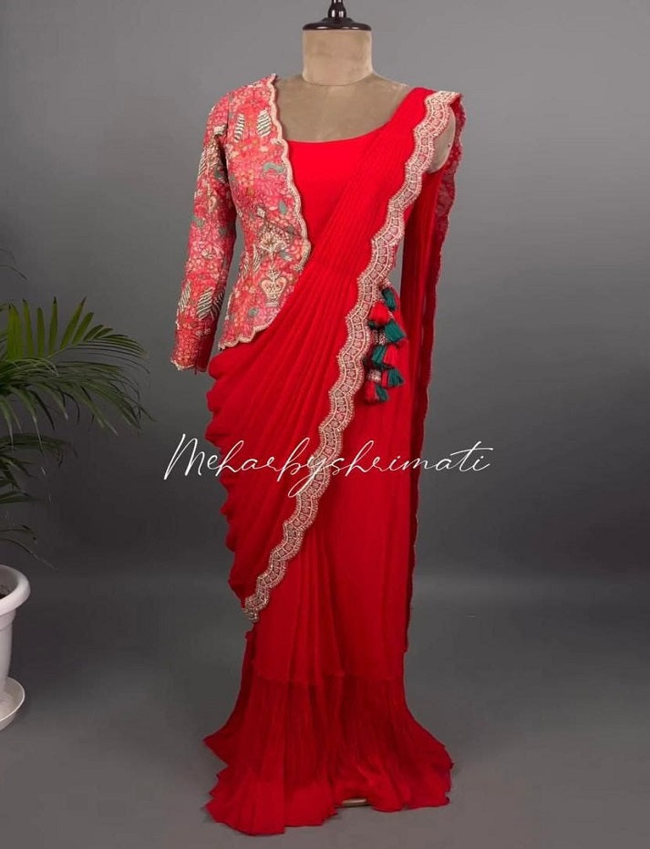 Red New Super Trending Embroidery cording work ready to wear saree with half koti