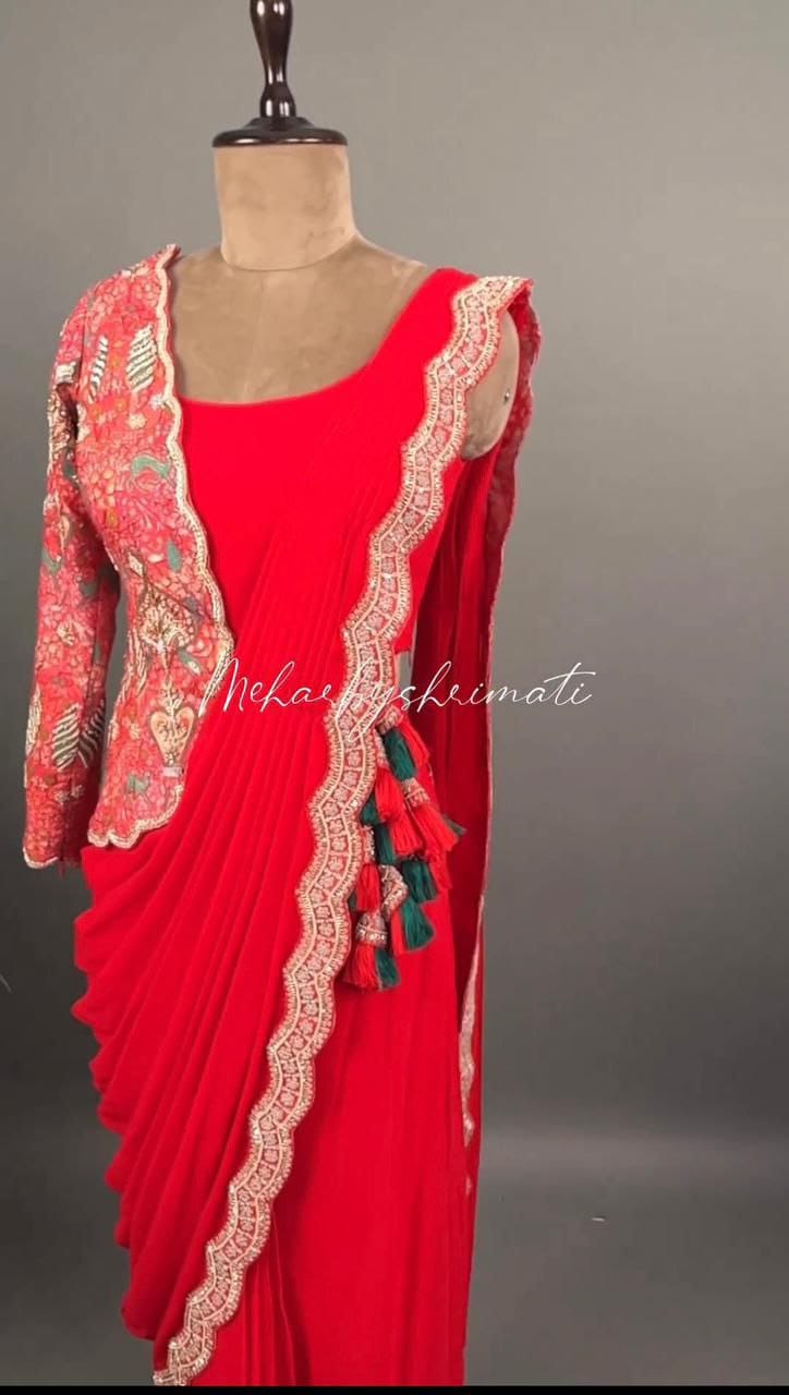 Red New Super Trending Embroidery cording work ready to wear saree with half koti