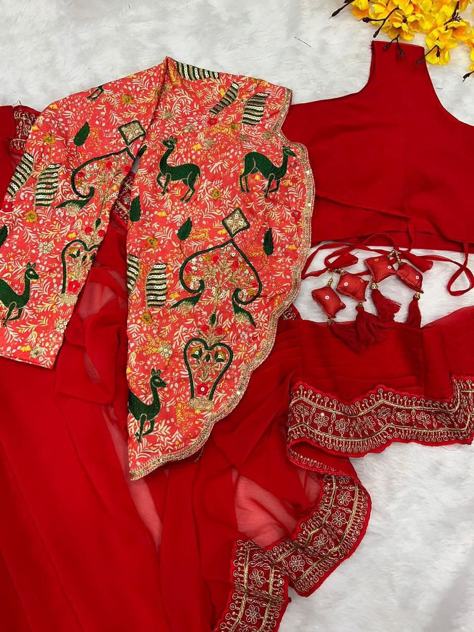 Red New Super Trending Embroidery cording work ready to wear saree with half koti