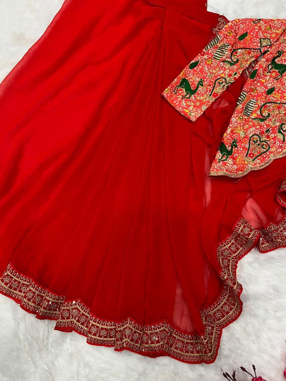 Red New Super Trending Embroidery cording work ready to wear saree with half koti