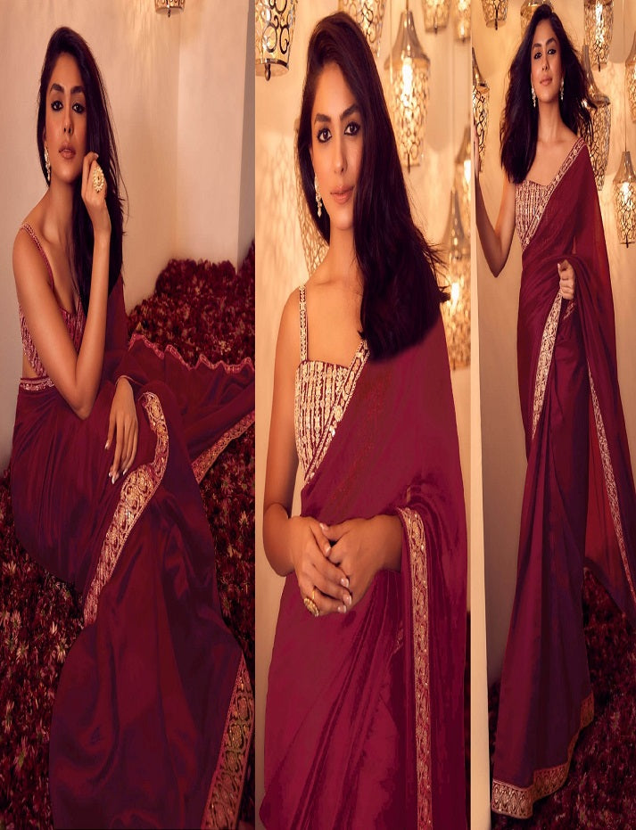 Mrunal Thakur Bollywood Style Red Colour Vichitra Silk With Fancy Border Saree Collection Images