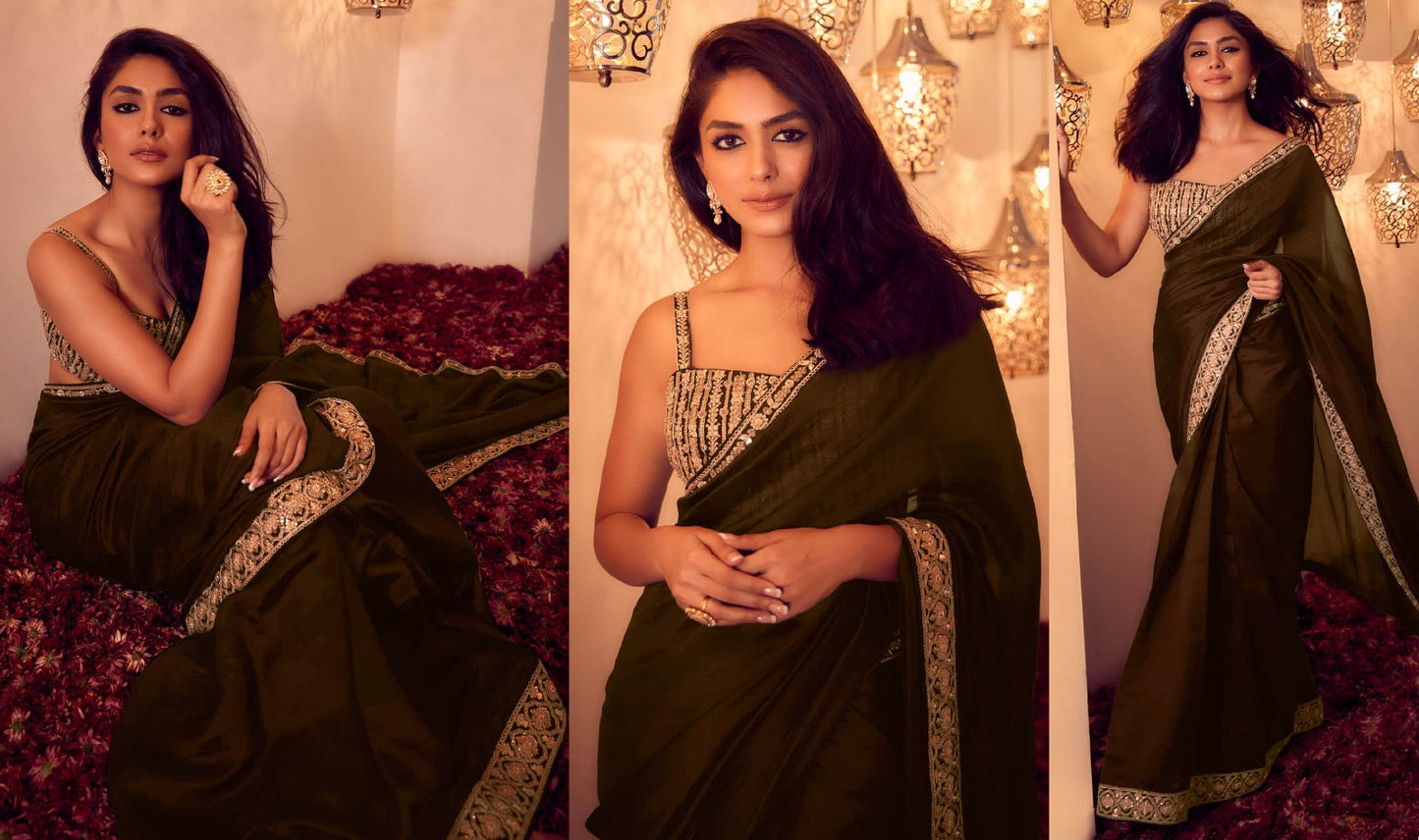 Mrunal Thakur Bollywood Style Red Colour Vichitra Silk With Fancy Border Saree Collection Images