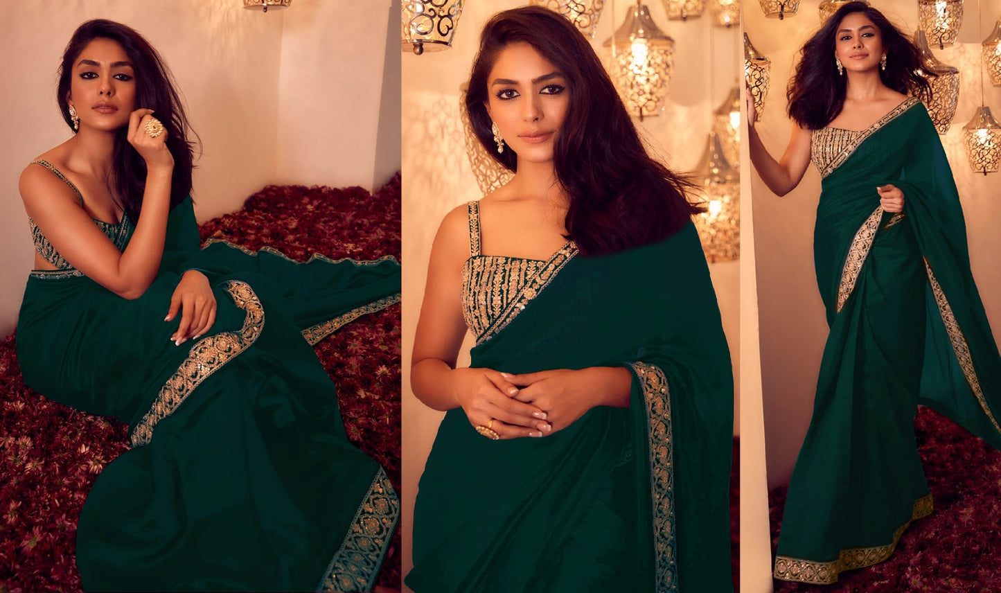 Mrunal Thakur Bollywood Style Red Colour Vichitra Silk With Fancy Border Saree Collection Images