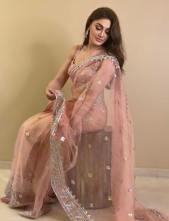 Pink Premium Heavy Organza Silk Saree with Thread and Sequins Embroidery, Wedding wear Saree, Party wear Designer Organza Silk Sari Blouse
