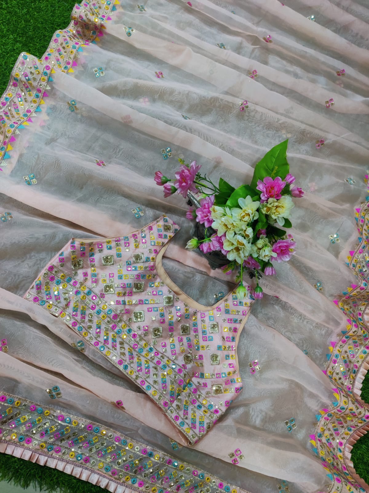 Pink Premium Heavy Organza Silk Saree with Thread and Sequins Embroidery, Wedding wear Saree, Party wear Designer Organza Silk Sari Blouse