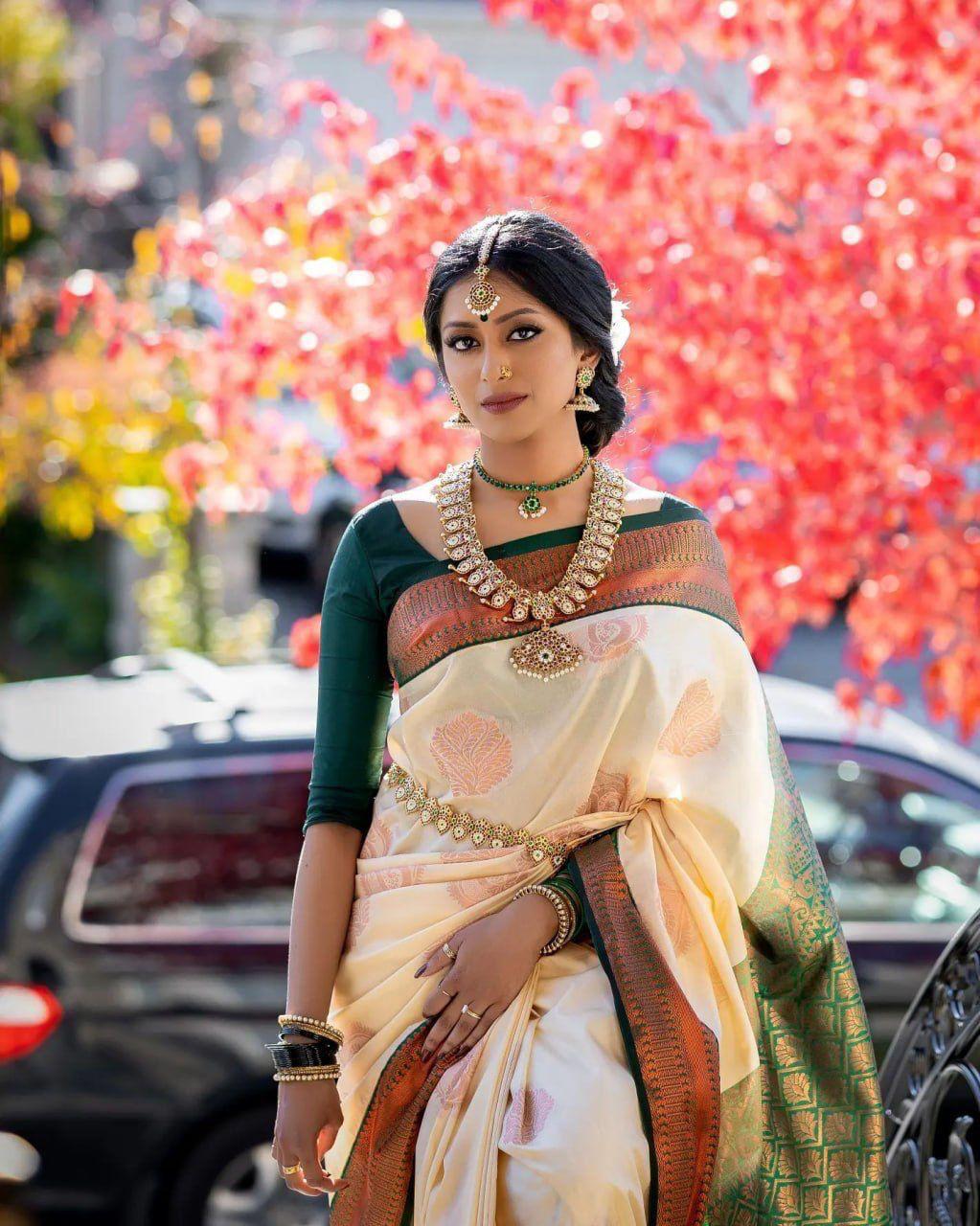 White Green Floral Woven Soft Lichi Silk Saree with Unstitched Blouse Piece