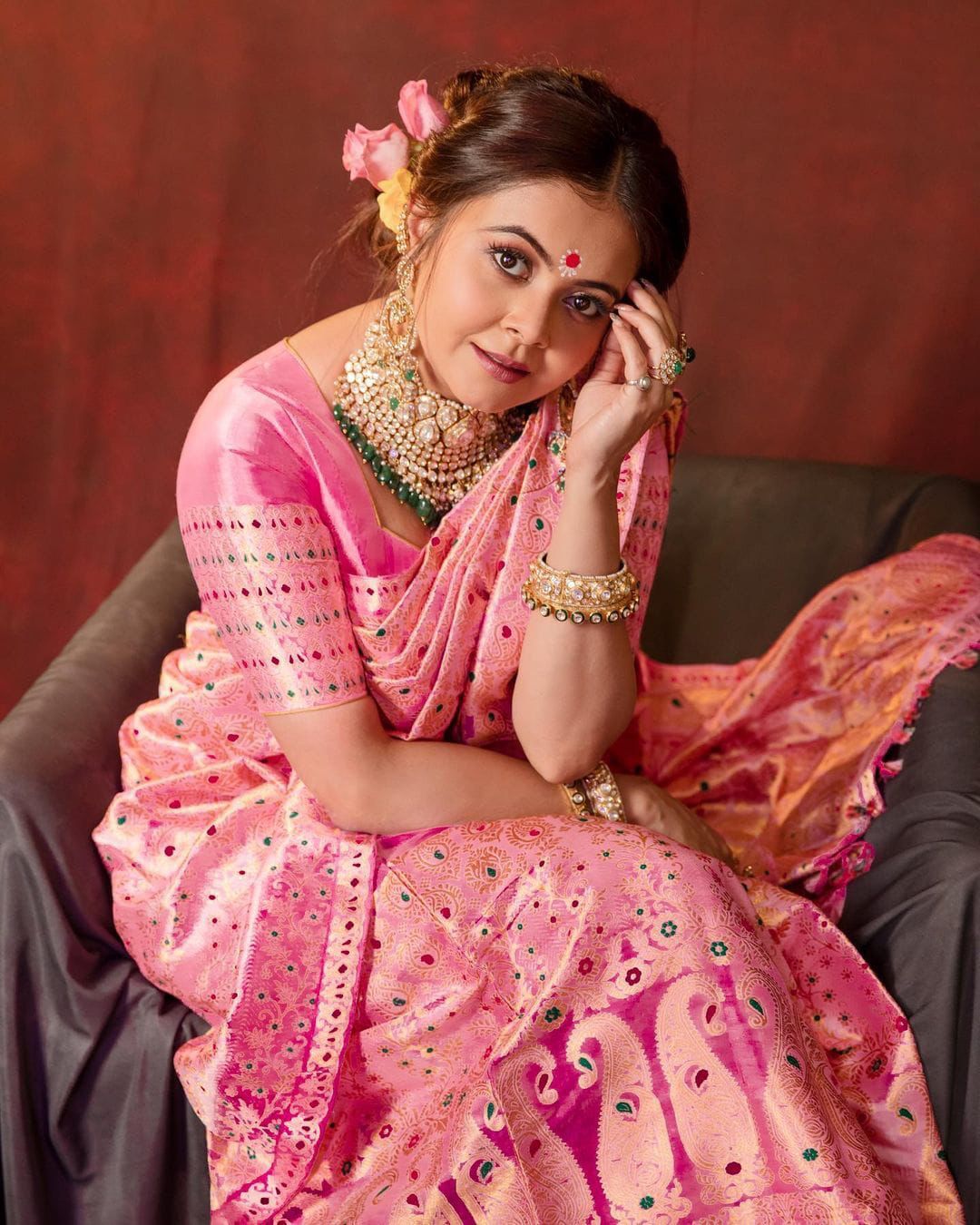 Peach Banarasi Style Pure Kanjivaram Silk Jacquard Kanchipuram Pattu Saree With Un-Stiched Blouse