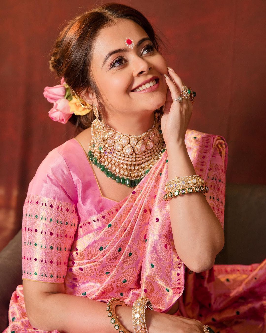 Peach Banarasi Style Pure Kanjivaram Silk Jacquard Kanchipuram Pattu Saree With Un-Stiched Blouse
