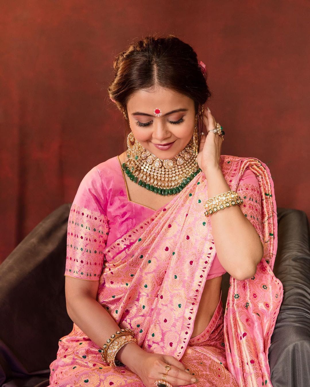 Peach Banarasi Style Pure Kanjivaram Silk Jacquard Kanchipuram Pattu Saree With Un-Stiched Blouse