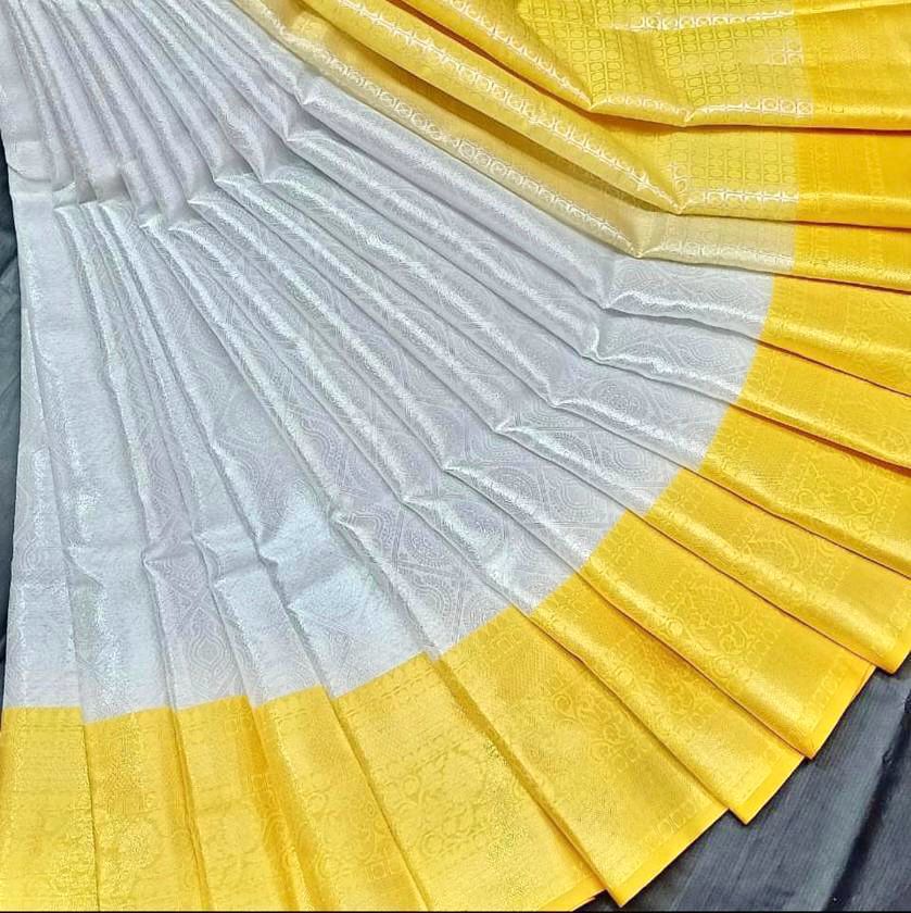 Yellow White Banarasi Style Pure Kanjivaram Silk Jacquard Kanchipuram Pattu Saree With Un-Stiched Blouse