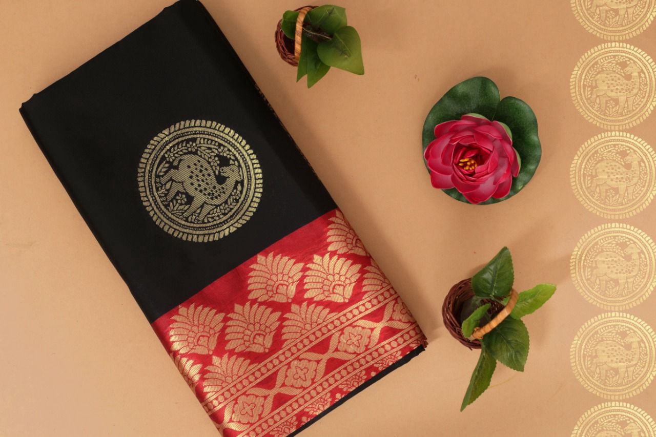 Attractive Black and Red Colour Lichi Silk saree With Beautiful Rich Pallu And Jaquard Work On all Over The Saree