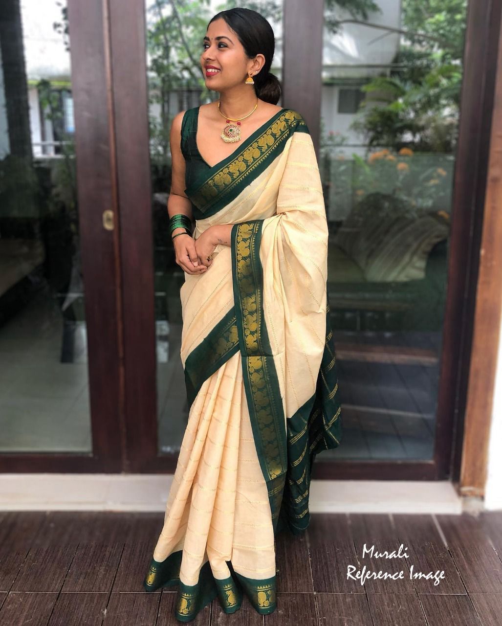 Women's Creamy Green kanchipuram Kanjivaram Lichi Traditional Style Silk Saree With Unstitched Blouse Piece