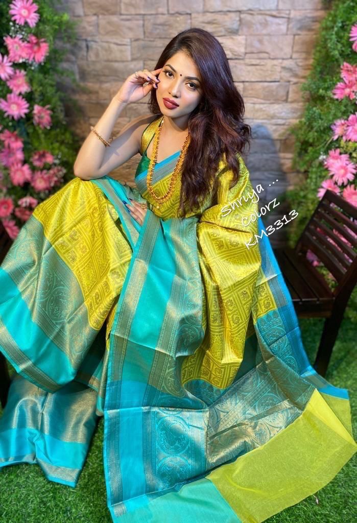 Jacquard Banarasi Lichi Silk Saree with Contrast Border & Blouse Piece For Womens
