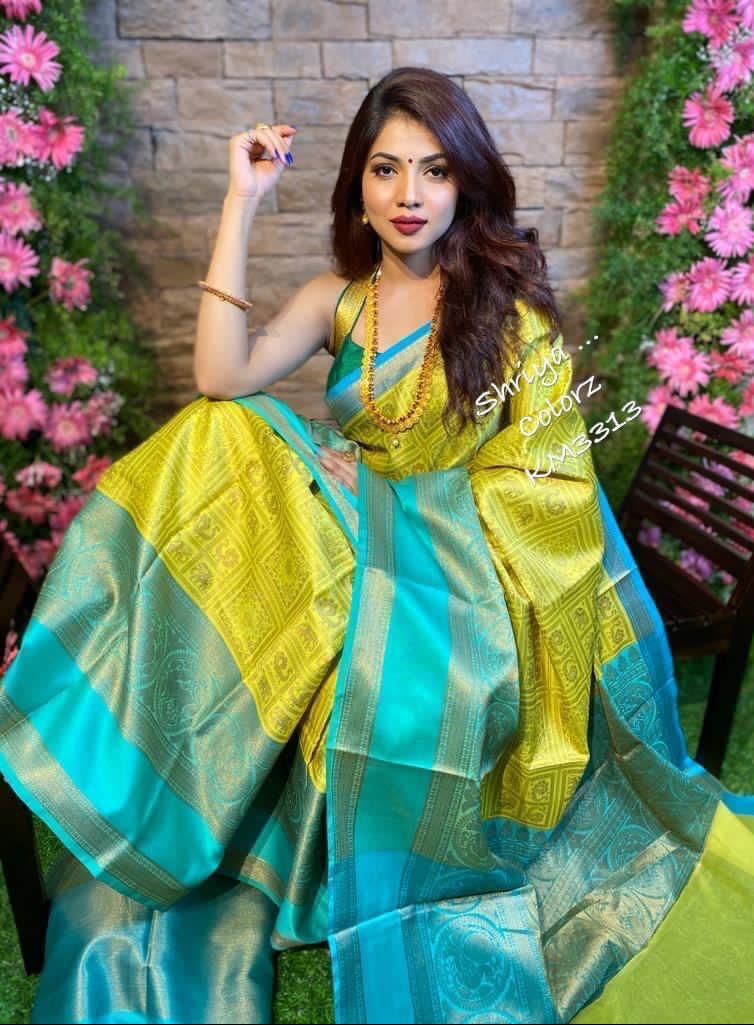 Jacquard Banarasi Lichi Silk Saree with Contrast Border & Blouse Piece For Womens