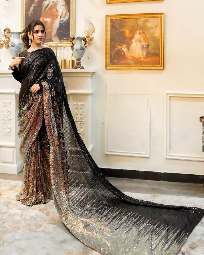 Black Color Heavy Dual Sequins Embroidery Work Saree For Women's