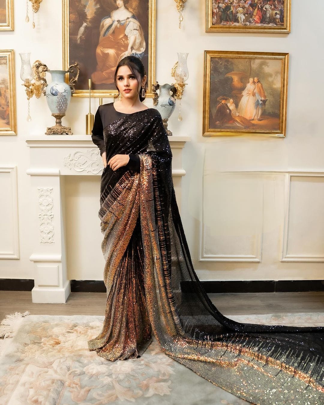 Black Color Heavy Dual Sequins Embroidery Work Saree For Women's