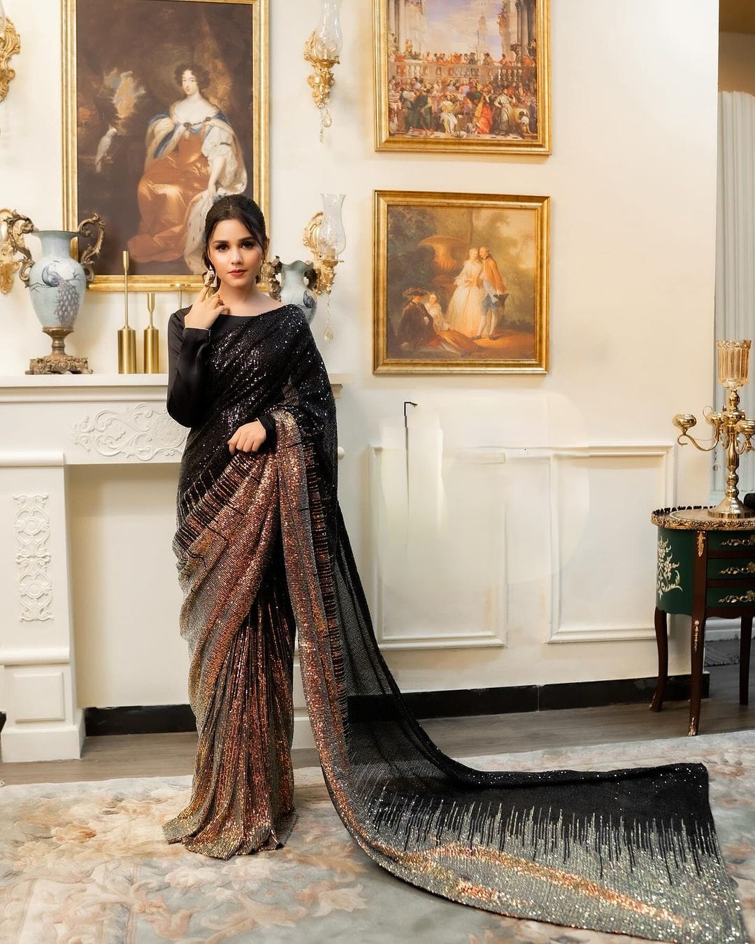 Black Color Heavy Dual Sequins Embroidery Work Saree For Women's