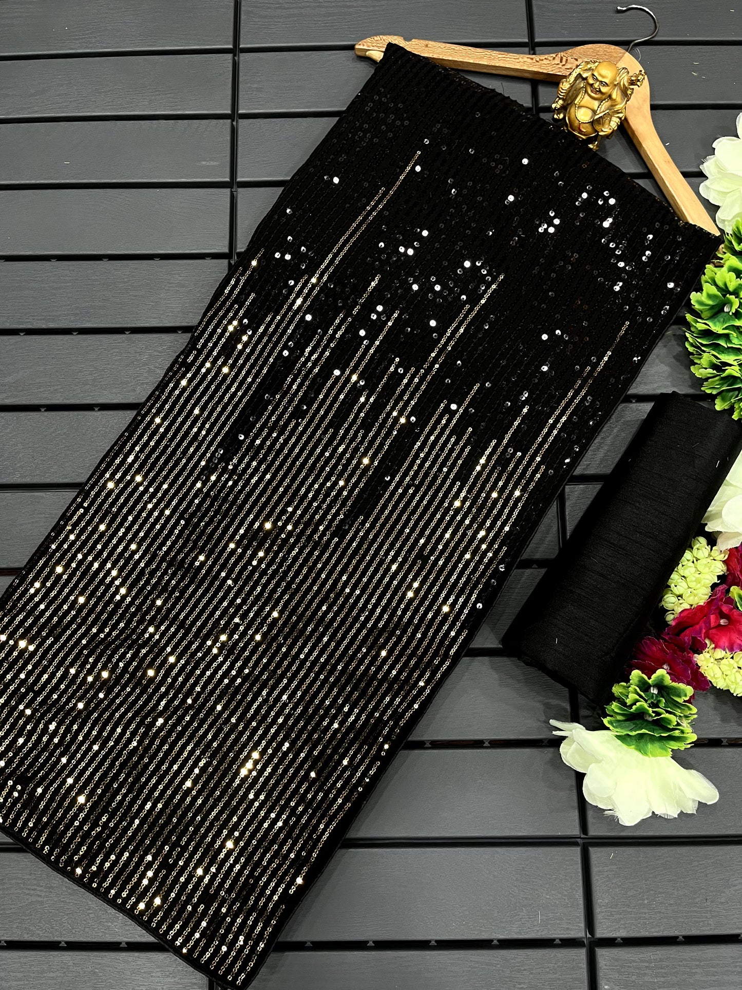 Black Color Heavy Dual Sequins Embroidery Work Saree For Women's