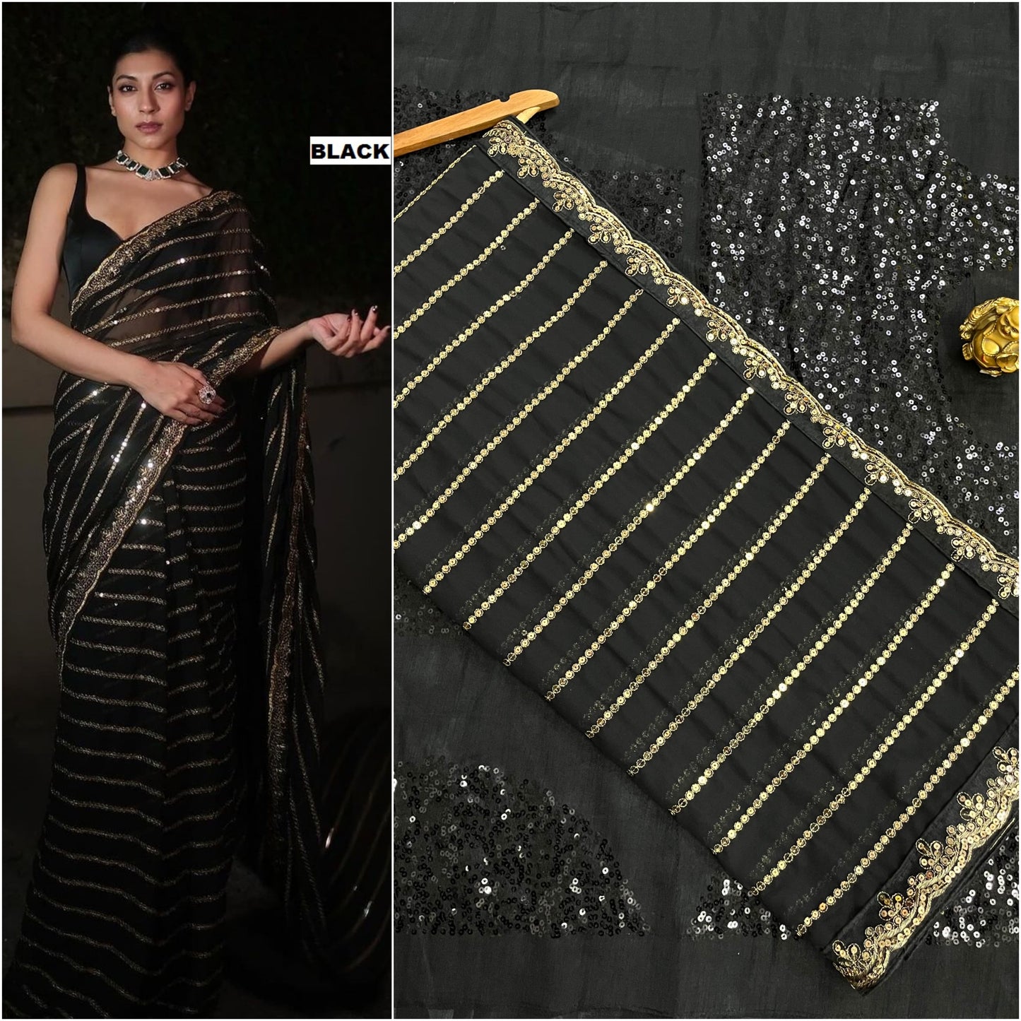 Black Bollywood Latest Stylish Function Soft Georgette Saree With heavy silk Blouse, Party Wear Wedding Saree