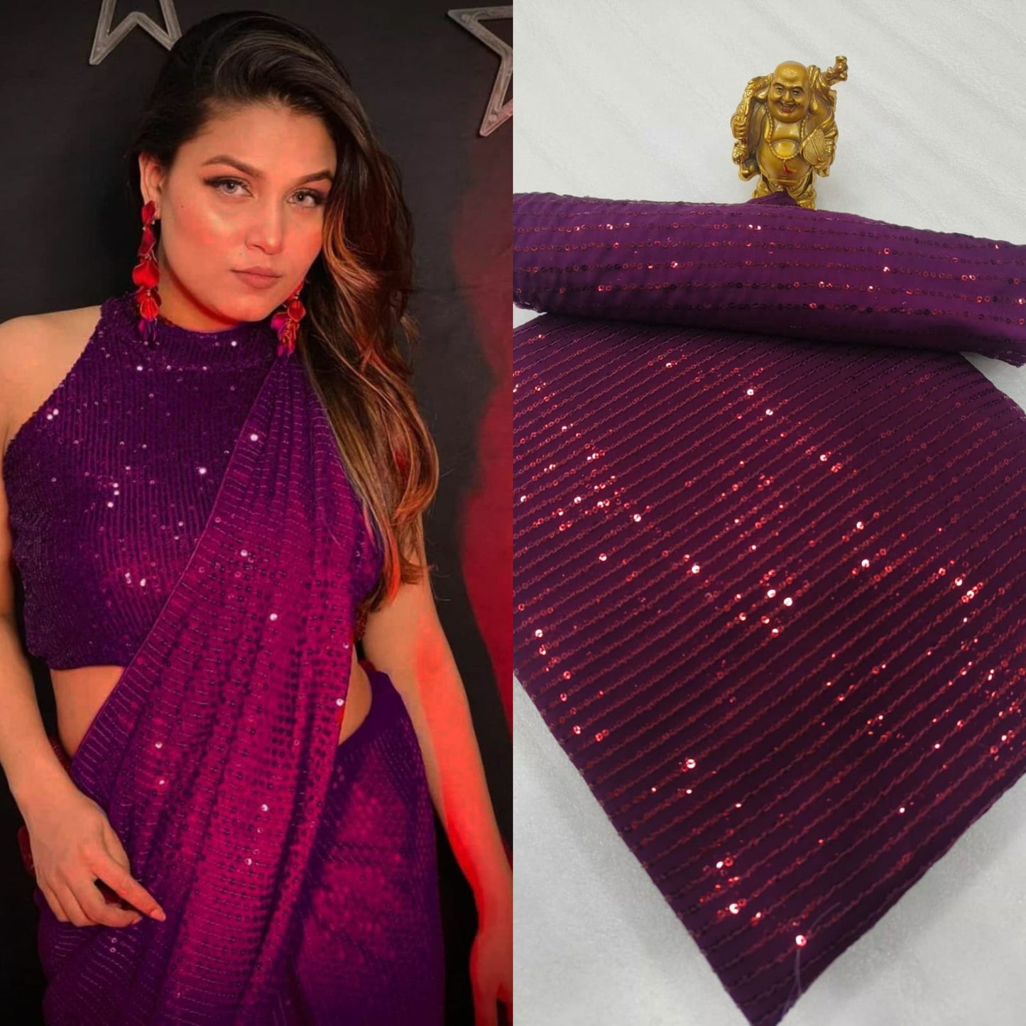 SEQUINS RANI NEW BLOCK BUSTER BOLLYWOOD 3MM EMBROIDERY DOUBLE SEQUINS WORK PARTYWEAR SAREE FOR WOMEN'S