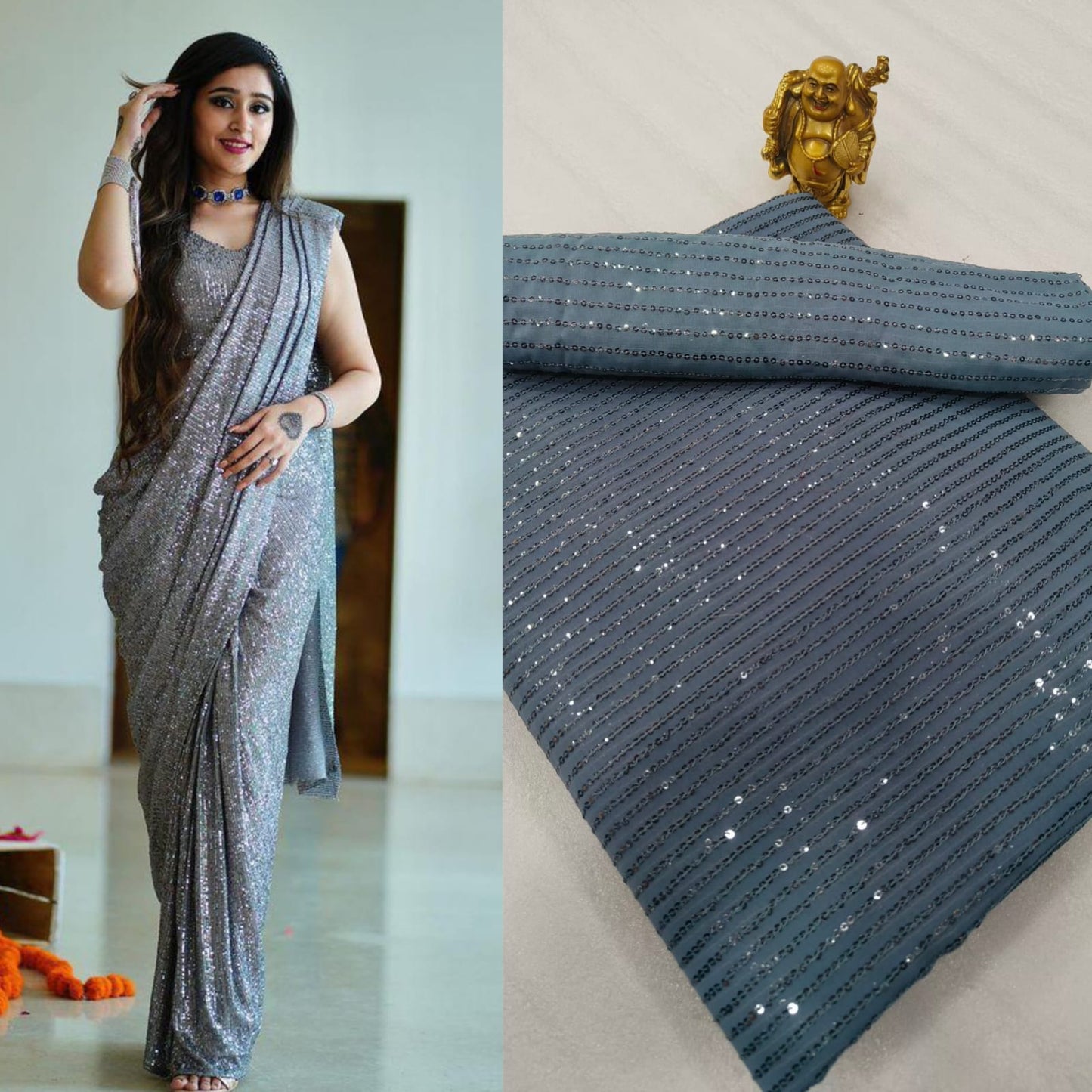SEQUINS RANI NEW BLOCK BUSTER BOLLYWOOD 3MM EMBROIDERY DOUBLE SEQUINS WORK PARTYWEAR SAREE FOR WOMEN'S