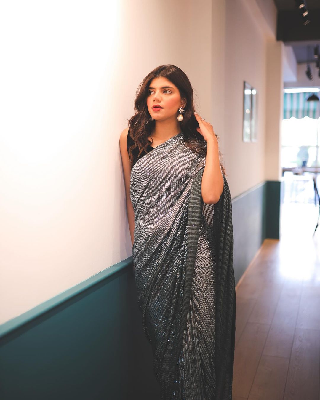 Black & Grey Georgette Sequence Embrodery Work Latest Bollywood Saree For Women's