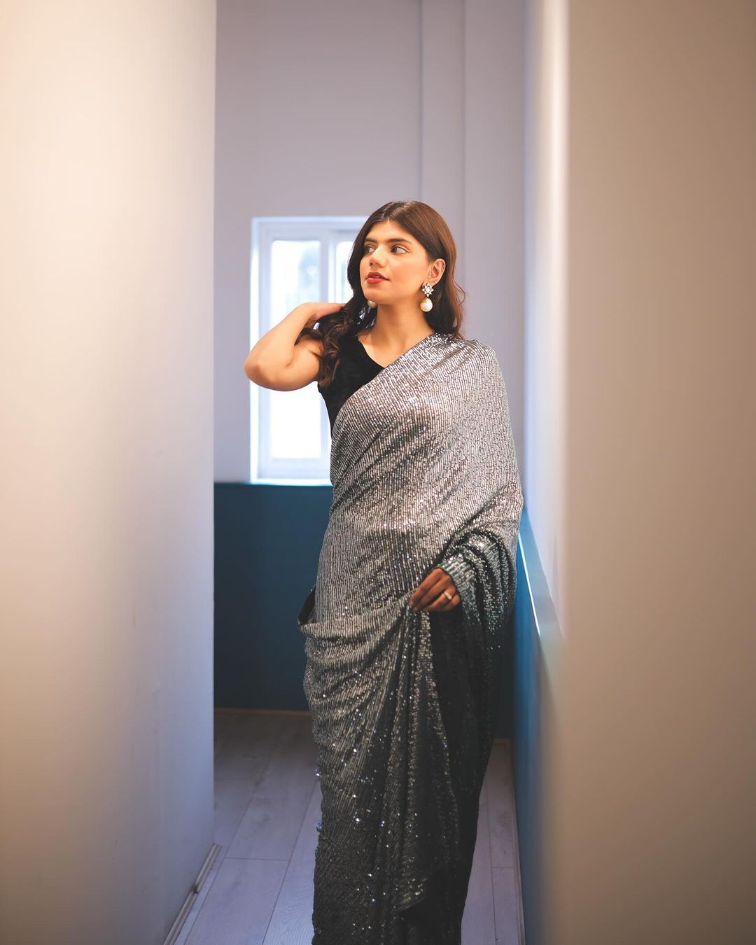 Black & Grey Georgette Sequence Embrodery Work Latest Bollywood Saree For Women's