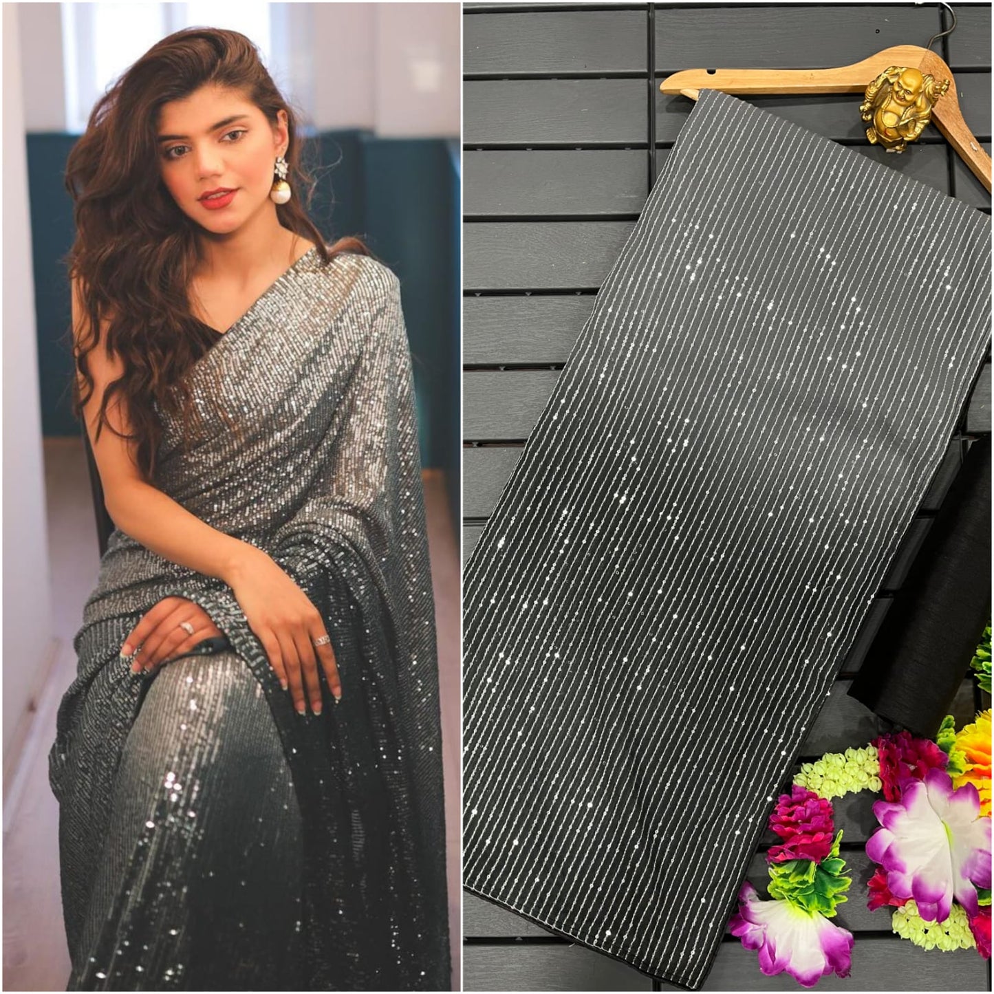 Black & Grey Georgette Sequence Embrodery Work Latest Bollywood Saree For Women's