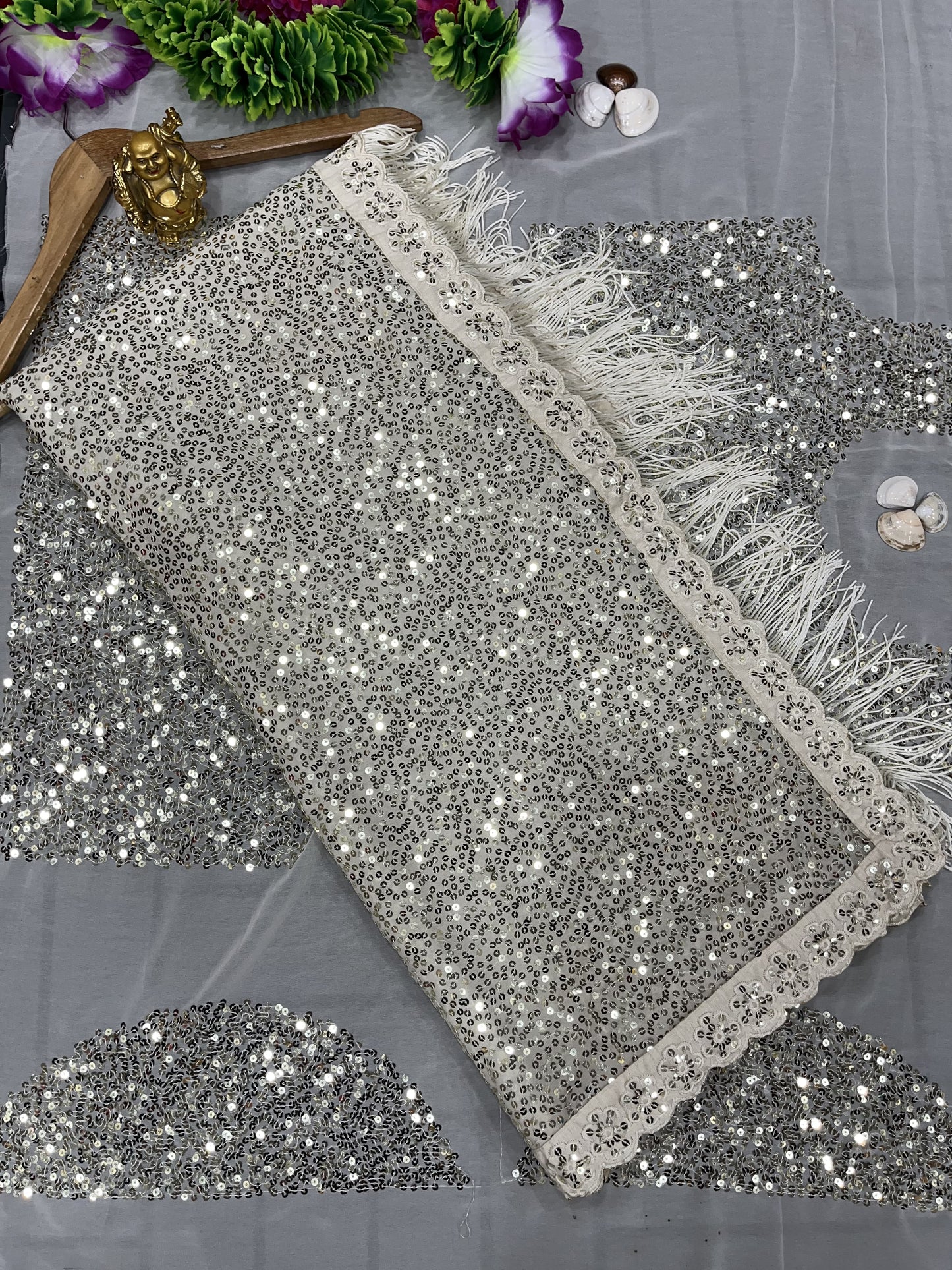 Beige Sequence Work Embroidery Party Wear Designer Saree, With blouse piece For Women's
