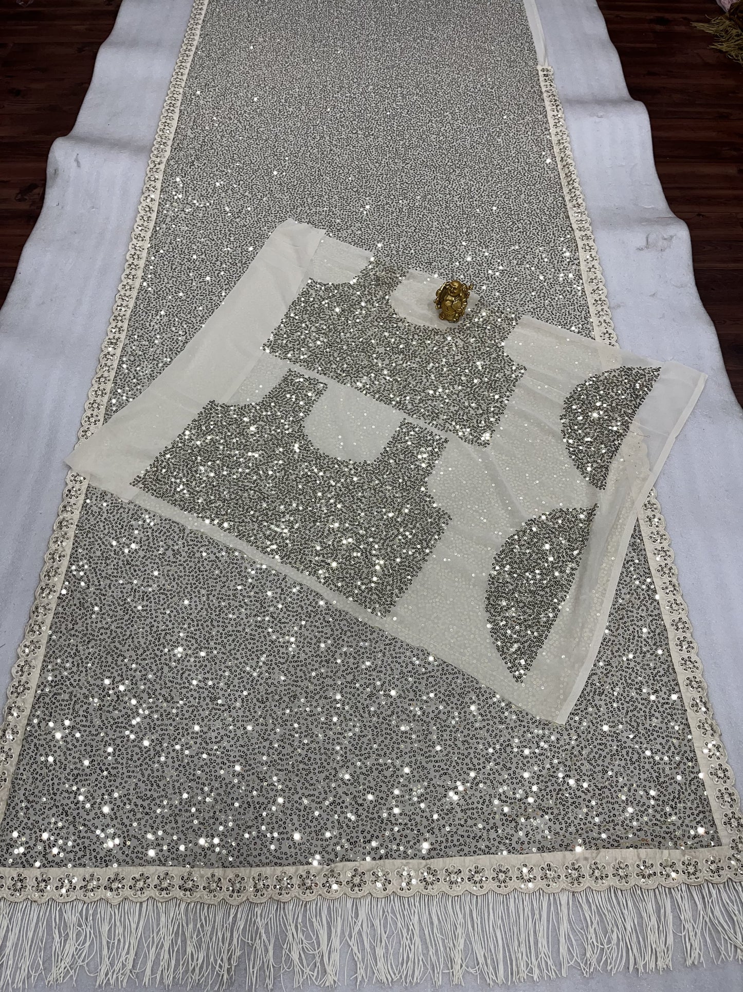 Beige Sequence Work Embroidery Party Wear Designer Saree, With blouse piece For Women's