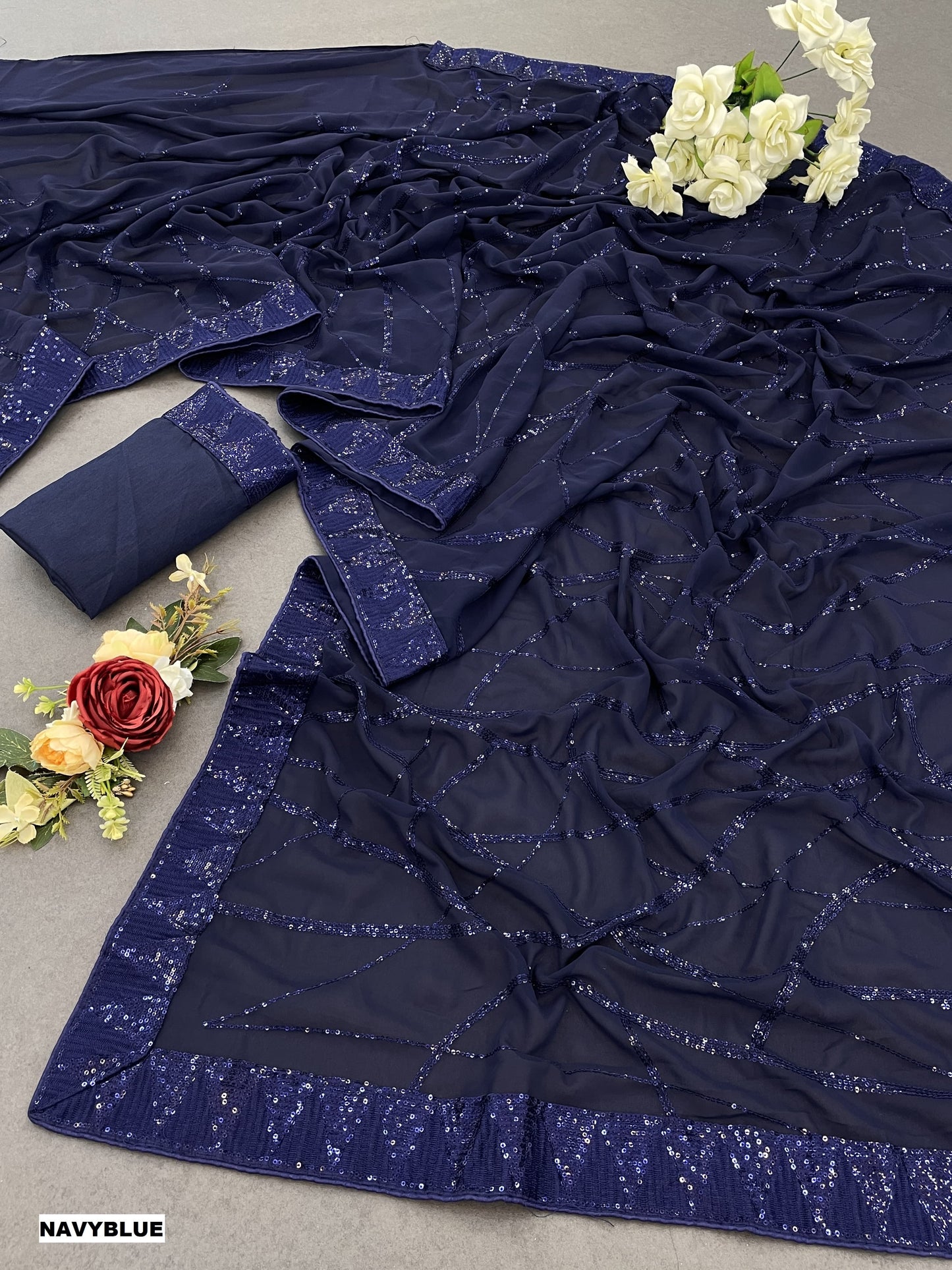 Womens Georgate Fabric With Embroidery Sequins thread Work Black Color Saree
