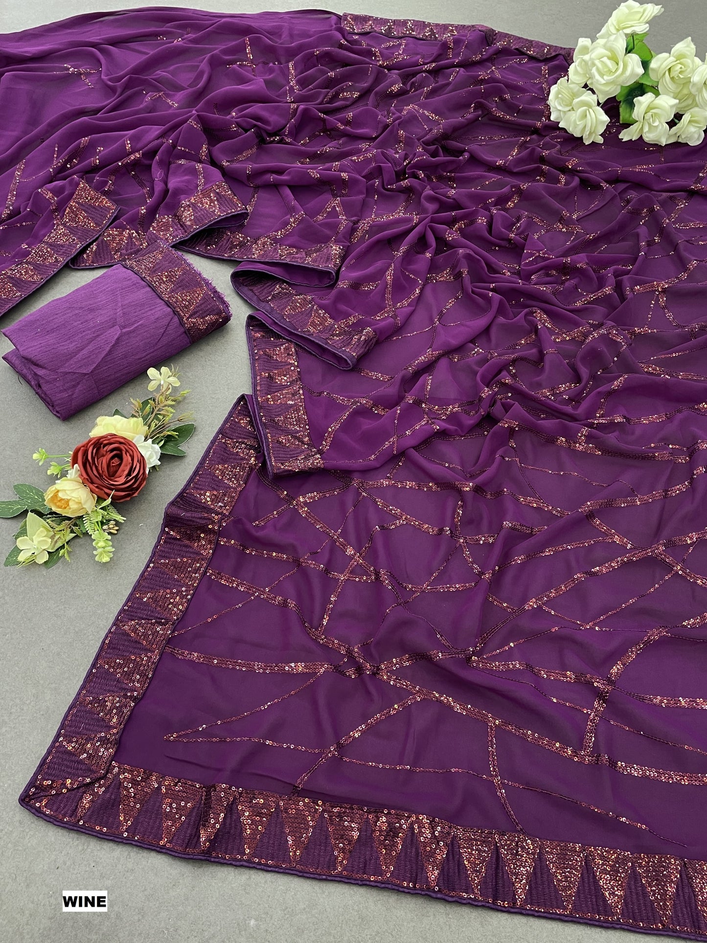 Womens Georgate Fabric With Embroidery Sequins thread Work Black Color Saree
