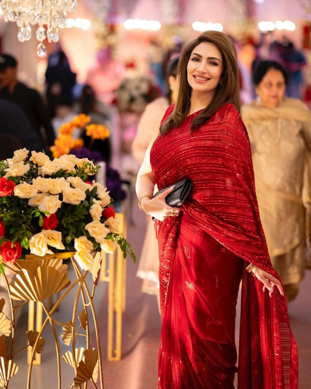 Womens Georgette Red Color Saree With Sequins Embroidery Work Saree