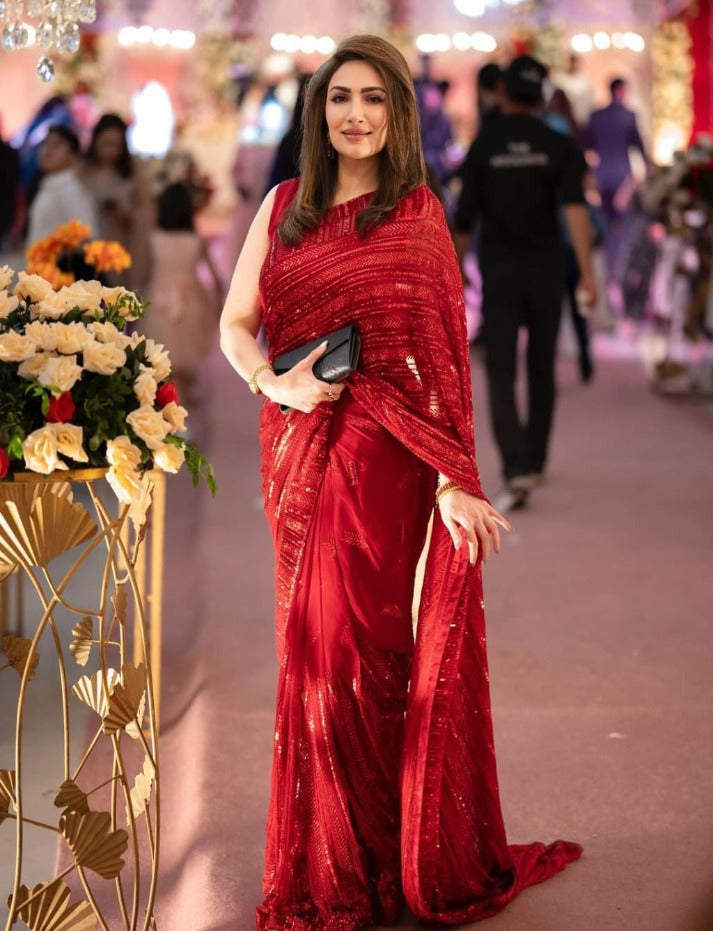 Womens Georgette Red Color Saree With Sequins Embroidery Work Saree