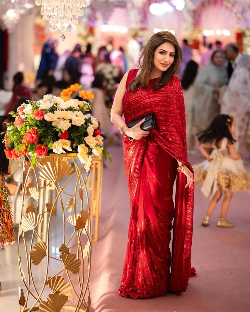 Womens Georgette Red Color Saree With Sequins Embroidery Work Saree