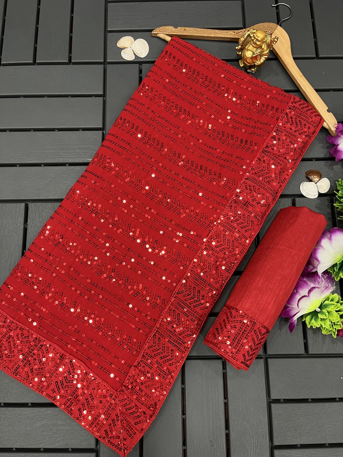 Womens Georgette Red Color Saree With Sequins Embroidery Work Saree