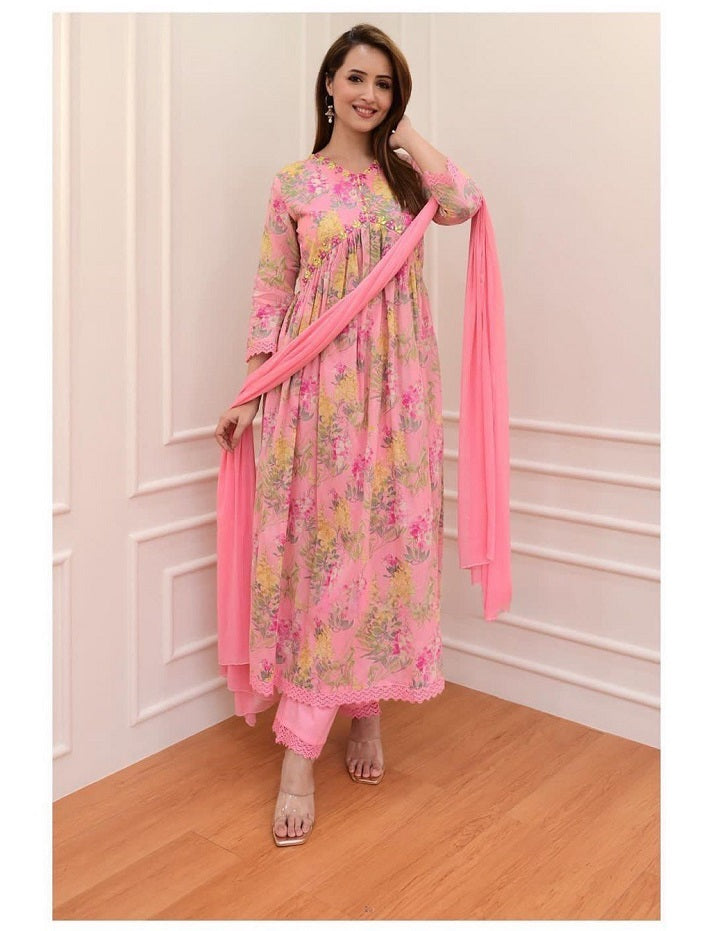 Pink Cotton Printed Mirror Work V-Neck Anarkali Kurta with Pant and Dupatta