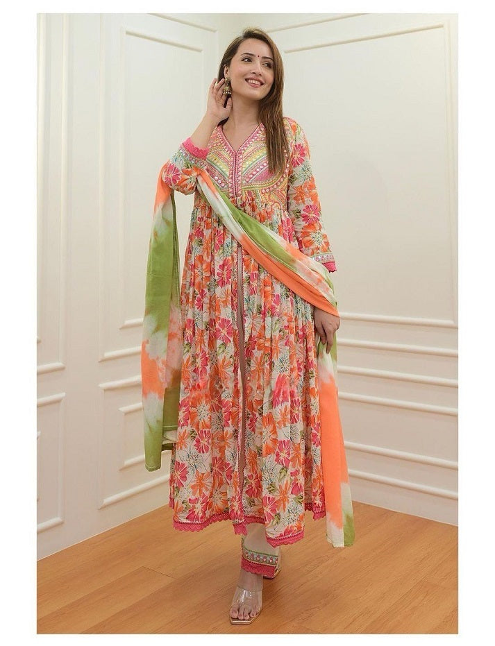 Front cut Embroidery & Less Work Printed Anarkali Kurta with Pant And Duppta Set, Partywear Suit